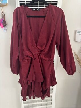 ❤️‍🔥BOGO FREE Zara Deep Burgundy Red Satin Faux Wrap Long Sleeve Mini Dress